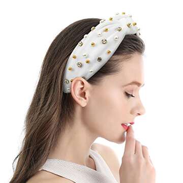 Wide Rhinestone Headband For Women Pearl Headband For Girls White Top Knot Headband With Beads For Women 2pcs