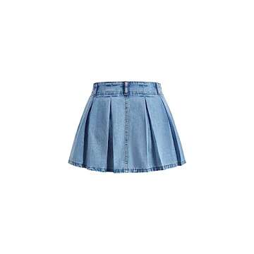 SweatyRocks Women's Casual Ruffle Pleated Denim Skirt Raw Hem Short A Line Jean Skirts Light Wash Bl...