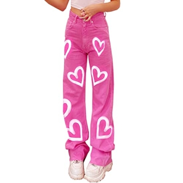 Trendy Women’s Heart Print Wide Leg Jeans for Casual Style