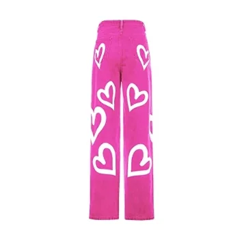 High Waist Heart Print Wide Leg Boyfriend Jeans for Women