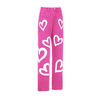 High Waist Heart Print Wide Leg Boyfriend Jeans for Women