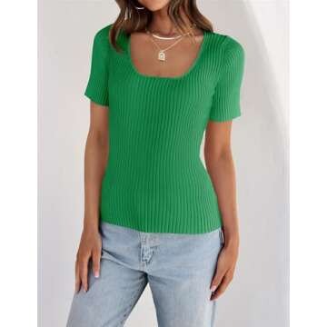 ZESICA Women's 2024 Short Sleeve Square Neck T Shirts Slim Fitted Summer Ribbed Knit Basic Casual Tee Tops,Green,Large