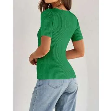 ZESICA Women's 2024 Short Sleeve Square Neck T Shirts Slim Fitted Summer Ribbed Knit Basic Casual Tee Tops,Green,Large