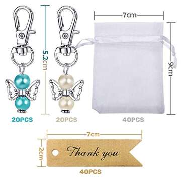 MOVINPE 40pcs Angel Favor Keychains Plus Organza Bags Plus Thank You Kraft Tags, Guest Return Favors...