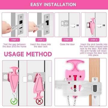 JeregBue 2 PCS Pink Portable Door Lock Travel Lockdown Home Security Locks for Additional Safety and Privacy Perfect for Hotel Home Apartment College