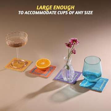 Folkulture Coasters for Drinks, Set of 4 Farmhouse Coasters, 4" Square Cute Boho Coasters for Coffee Table Décor, Modern Bar Coasters or Beaded Cup Coasters for Wooden Table | Valentine Gifts for Her