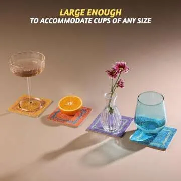 Folkulture Coasters for Drinks, Set of 4 Farmhouse Coasters, 4" Square Cute Boho Coasters for Coffee Table Décor, Modern Bar Coasters or Beaded Cup Coasters for Wooden Table | Valentine Gifts for Her