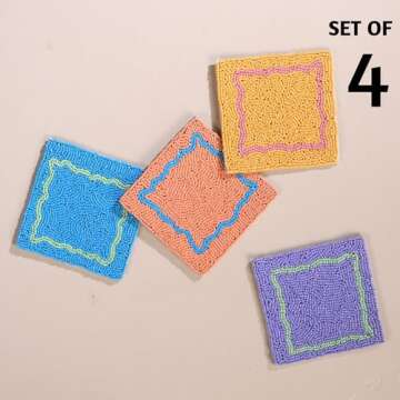 Folkulture Coasters for Drinks, Set of 4 Farmhouse Coasters, 4" Square Cute Boho Coasters for Coffee Table Décor, Modern Bar Coasters or Beaded Cup Coasters for Wooden Table | Valentine Gifts for Her