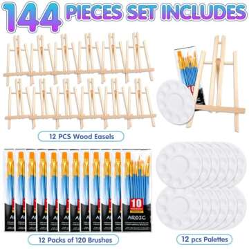 144 PCS Professional Painting Set, 12 PCS Wood Easels,12 Packs of 120 Brushes with Nylon Brush Head ...
