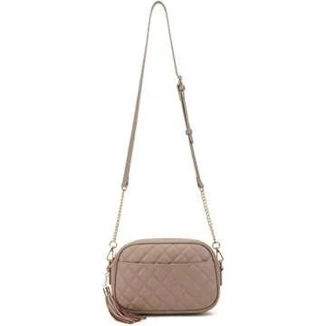 lola mae Quilted Crossbody Bag, Medium Lightweight Shoulder Purse Top Zipper Tassel Accent Taupe Purse (Taupe)