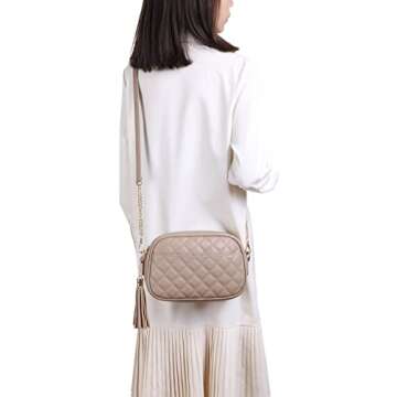lola mae Quilted Crossbody Bag, Medium Lightweight Shoulder Purse Top Zipper Tassel Accent Taupe Purse (Taupe)