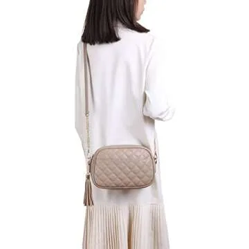 lola mae Quilted Crossbody Bag, Medium Lightweight Shoulder Purse Top Zipper Tassel Accent Taupe Purse (Taupe)