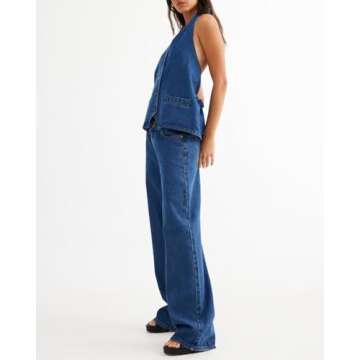 Fisoew Women's Two Piece Denim Set Button Down Backless Tank Top and Wide Leg Jeans 2 Piece Outfit Suits