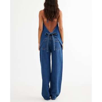 Fisoew Women's Two Piece Denim Set Button Down Backless Tank Top and Wide Leg Jeans 2 Piece Outfit Suits