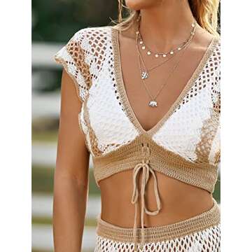 SheIn Women's Crochet Hollow Out Cover Up Set Tie Front V Neck Beach Coverups Swimsuit Khaki and White Medium
