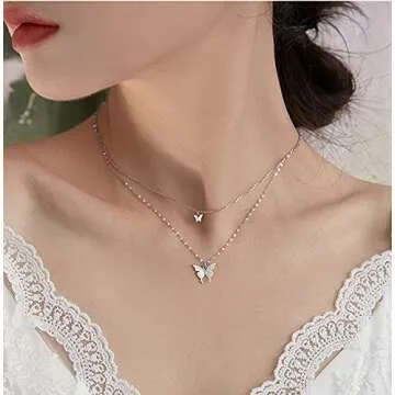 SLUYNZ 925 Sterling Silver CZ Butterfly Choker Necklace for Women Butterfly Layered Necklace Chain (A-Silver)