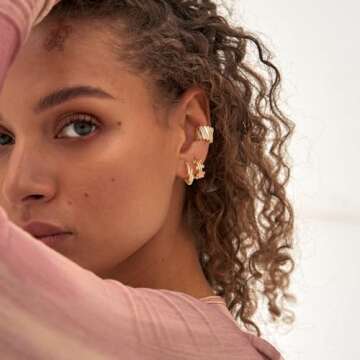 MYEARS Women Ferris Wheel Earrings Gold Huggie Ribbed Hoop Turquoise 14K Gold Plated Small Simple Hy...