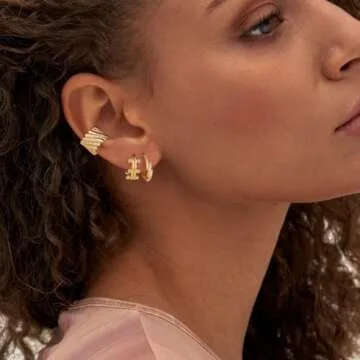 MYEARS Women Ferris Wheel Earrings Gold Huggie Ribbed Hoop Turquoise 14K Gold Plated Small Simple Hypoallergenic Everyday Jewelry