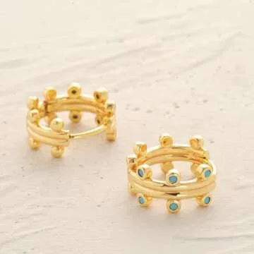 MYEARS Women Ferris Wheel Earrings Gold Huggie Ribbed Hoop Turquoise 14K Gold Plated Small Simple Hypoallergenic Everyday Jewelry