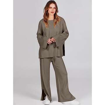 ANRABESS Womens 2 Piece Outfits Oversized Knit Sweater Set Wide Leg Pant Cozy Lounge Matching Pajama...