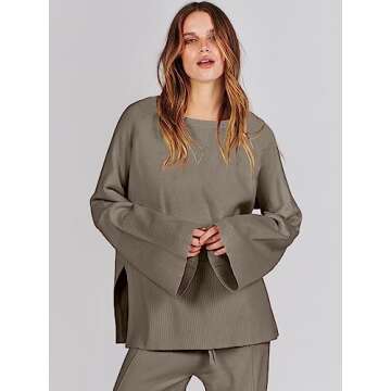 ANRABESS Womens 2 Piece Outfits Oversized Knit Sweater Set Wide Leg Pant Cozy Lounge Matching Pajama Sets 2024 Trendy Clothes Khaki Green Large