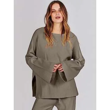 ANRABESS Womens 2 Piece Outfits Oversized Knit Sweater Set Wide Leg Pant Cozy Lounge Matching Pajama Sets 2024 Trendy Clothes Khaki Green Large