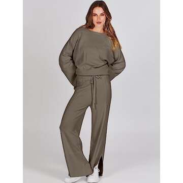 ANRABESS Womens 2 Piece Outfits Oversized Knit Sweater Set Wide Leg Pant Cozy Lounge Matching Pajama Sets 2024 Trendy Clothes Khaki Green Large