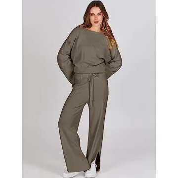 ANRABESS Womens 2 Piece Outfits Oversized Knit Sweater Set Wide Leg Pant Cozy Lounge Matching Pajama Sets 2024 Trendy Clothes Khaki Green Large