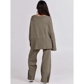 ANRABESS Womens 2 Piece Outfits Oversized Knit Sweater Set Wide Leg Pant Cozy Lounge Matching Pajama Sets 2024 Trendy Clothes Khaki Green Large