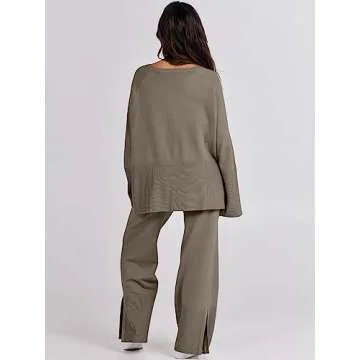ANRABESS Womens 2 Piece Outfits Oversized Knit Sweater Set Wide Leg Pant Cozy Lounge Matching Pajama Sets 2024 Trendy Clothes Khaki Green Large