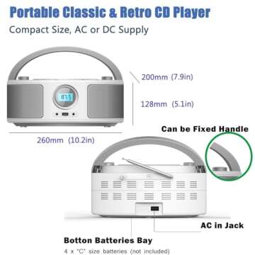 CD Radio Portable CD Player Boombox with Bluetooth,FM Radio,Remote Control,USB Input and 3.5mm AUX Headphone Jack,CD-R/CD-RW/MP3/WMA Playback,AC/Battery Powered(WTB-791)
