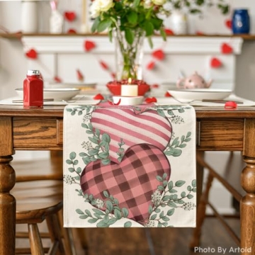 Artoid Mode Pink Eucalyptus Hearts Valentine's Day Table Runner, Anniversary Holiday Kitchen Dining Table Decoration for Home Party Decor 13x36 Inch