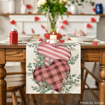 Artoid Mode Pink Eucalyptus Hearts Valentine's Day Table Runner, Anniversary Holiday Kitchen Dining Table Decoration for Home Party Decor 13x36 Inch