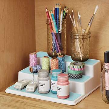 Copco Non-Skid 3-Tier Spice Pantry Kitchen Cabinet Organizer, 10-Inch, White/Aqua