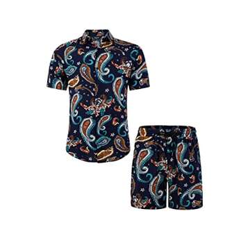 Atwfo Men's Hawaiian Shirt and Short 2 Piece Vacation Outfits Sets Casual Button Down Beach Floral S...