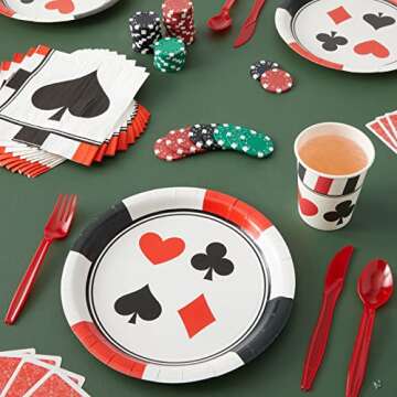BLUE PANDA 144 Piece Casino Theme Birthday Party Decorations, Dinnerware Set with Plates, Napkins, Cups, Cutlery (Serves 24) - Casino Theme Party Plates and Napkins - Cards Themed Party Set