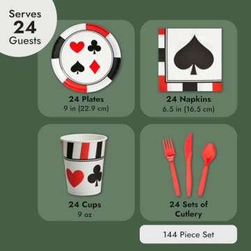BLUE PANDA 144 Piece Casino Theme Birthday Party Decorations, Dinnerware Set with Plates, Napkins, Cups, Cutlery (Serves 24) - Casino Theme Party Plates and Napkins - Cards Themed Party Set