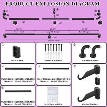 Matte Black Disc Curtain Rods, 84-144 Inches Window Curtain Rod,Adjustable Room Darkening Curtain Rod with Aluminum Finials and Brackets,Wrap Around Design
