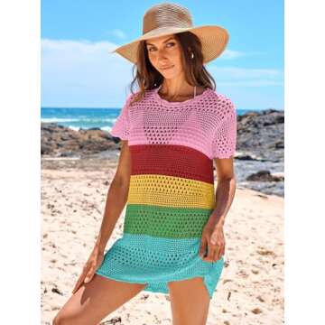 ANRABESS Women Swimsuit Crochet Swim Cover Up Summer Bathing Suit Swimwear Knit Short Sleeve Pullover 2025 Beach Dress Large