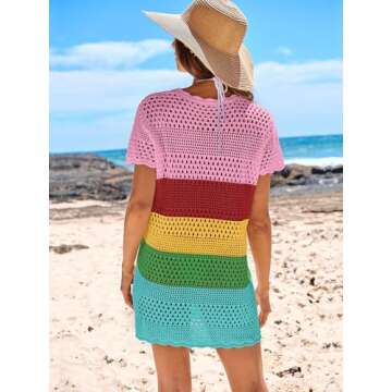 ANRABESS Women Swimsuit Crochet Swim Cover Up Summer Bathing Suit Swimwear Knit Short Sleeve Pullover 2025 Beach Dress Large