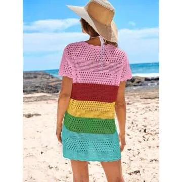 ANRABESS Women Swimsuit Crochet Swim Cover Up Summer Bathing Suit Swimwear Knit Short Sleeve Pullover 2025 Beach Dress Large