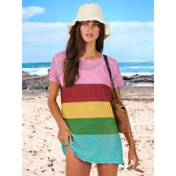 ANRABESS Women Swimsuit Crochet Swim Cover Up Summer Bathing Suit Swimwear Knit Short Sleeve Pullover 2025 Beach Dress Large