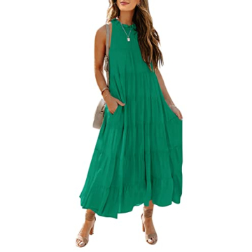HAEOF Womens 2024 Summer Sleeveless Halter Maxi Dress Pleated Tiered Swing Beach Long Dresses Sundress Green