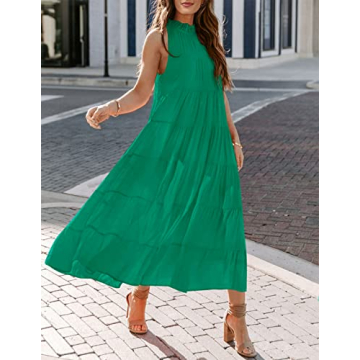 HAEOF Womens 2024 Summer Sleeveless Halter Maxi Dress Pleated Tiered Swing Beach Long Dresses Sundress Green