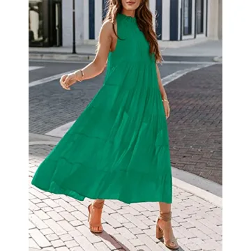 HAEOF Womens 2024 Summer Sleeveless Halter Maxi Dress Pleated Tiered Swing Beach Long Dresses Sundress Green