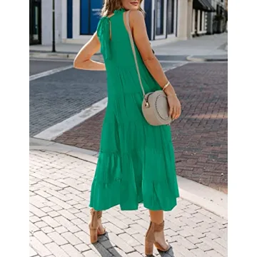HAEOF Womens 2024 Summer Sleeveless Halter Maxi Dress Pleated Tiered Swing Beach Long Dresses Sundress Green