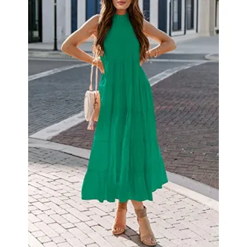 HAEOF Womens 2024 Summer Sleeveless Halter Maxi Dress Pleated Tiered Swing Beach Long Dresses Sundress Green