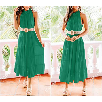 HAEOF Womens 2024 Summer Sleeveless Halter Maxi Dress Pleated Tiered Swing Beach Long Dresses Sundress Green