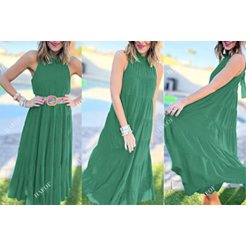 HAEOF Womens 2024 Summer Sleeveless Halter Maxi Dress Pleated Tiered Swing Beach Long Dresses Sundress Green