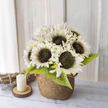 Levana.m Artificial Sunflower 6Pcs Fake Sunflowers Realistic Silk Sunflower Bouquet with Stems for Wedding Decor Baby Shower Arrangement Table Centerpieces Outdoor Indoor Decor, White